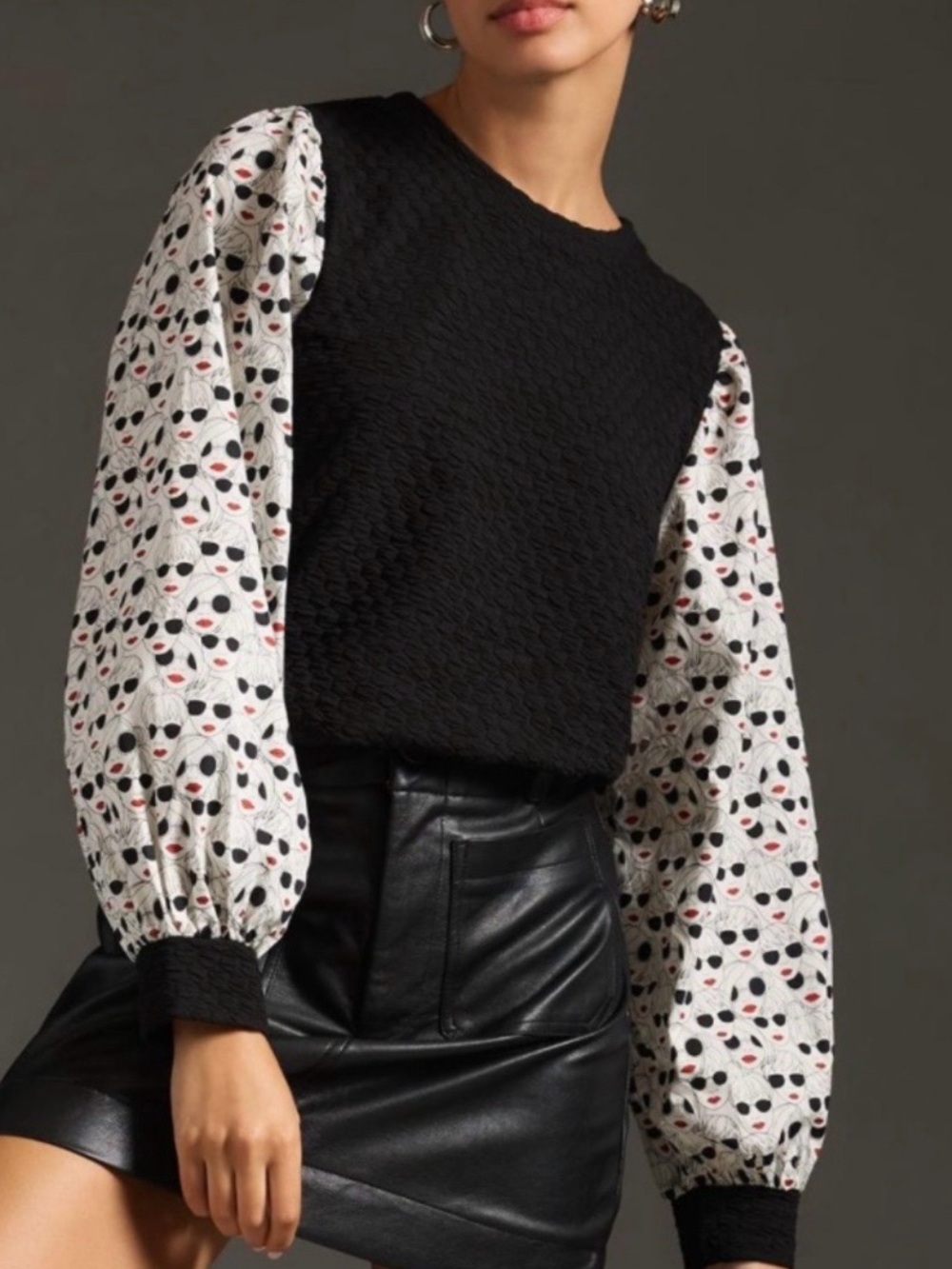 Porridge Novelty Face Print Long Sleeve Top Black, Red, White Textured M